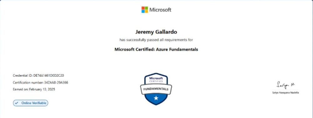 Microsoft AZ-900 certificate